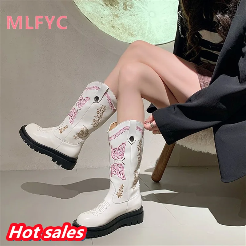 

Knight Boots Women's 2023 Autumn/Winter New Korean Embroidery Sleeve Western Denim Boots Mid Sleeve Plush Thick Sole Slim Boots