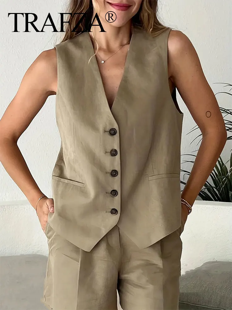 TRAFZA Vintage 2024 Summer Woman Solid Set V Neck Sleeveless Buttons Vest Top + Pockets Commute Wild Elegant Female Short Pant