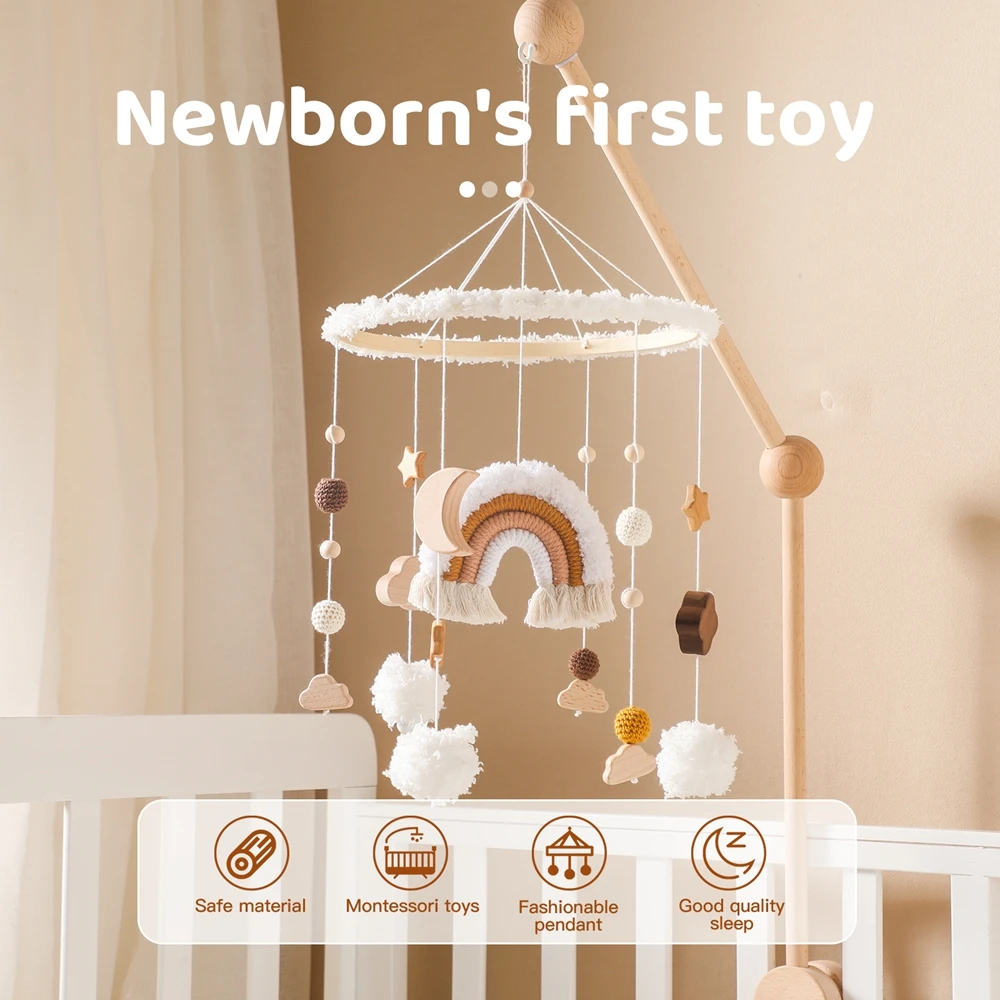 Baby Bed Bell Hanging Toy 0-12 Months Newborn Wooden Mobile Music Box Rattle Toy Crib Holder Bracket Infant Bed Bell Accessories