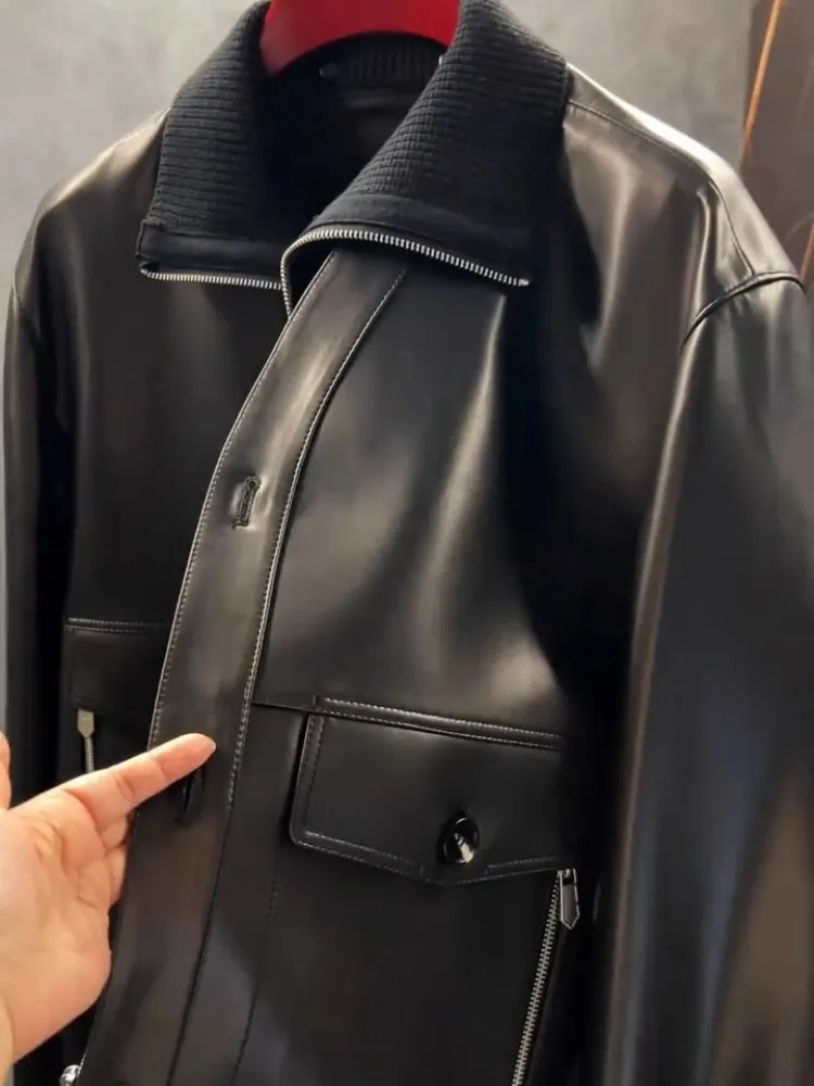 Herren Neue Frühjahr Echtes Leder Jacke Patchwork Revers Einreiher High Street Business Casual Punk Schaffell Kurzen Mantel