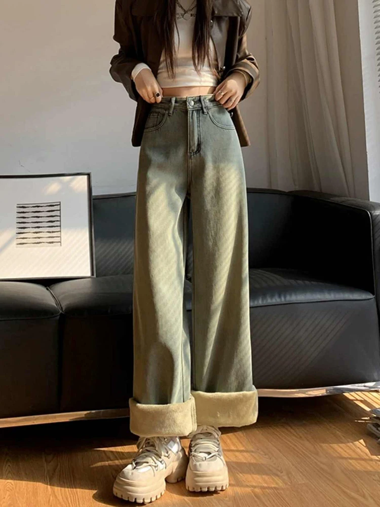 

Blue Add Velvet Denim Pants Women Winter New Retro High Waist Straight Trousers Ladies Thicken Warm Jeans Streetwear