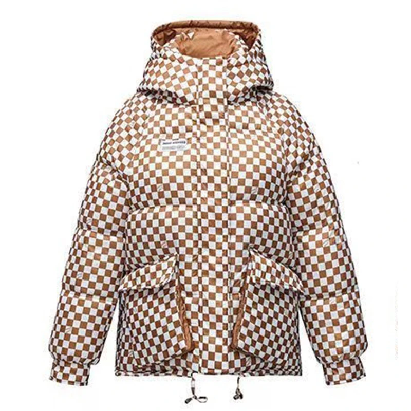 

Winter Short Cotton Coat Women 2023 New Loose Hooded Jacket Fashion Houndstooth Thicken Outerwear Warm Parka Overcoat Female