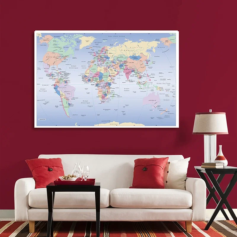 Imagem -04 - Mapa do Mundo em Francês Grande Cartaz Pintura Não Tecida Decoração de Parede Decoração para Crianças Material Escolar 225x150cm