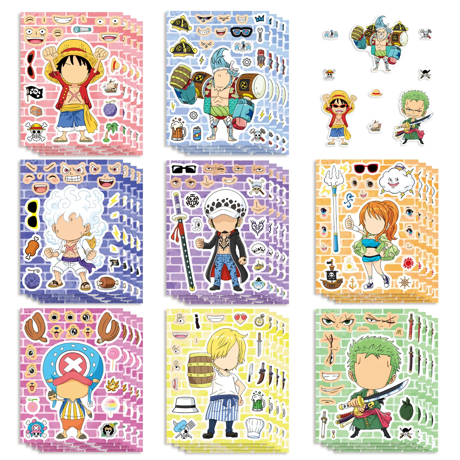 8/16 Blätter One Piece Luffy Kinder-Puzzle-Aufkleber zum Gesichter-Machen, Cartoon-Spiel zum Zusammensetzen, Puzzle-Geschenk für Kinder
