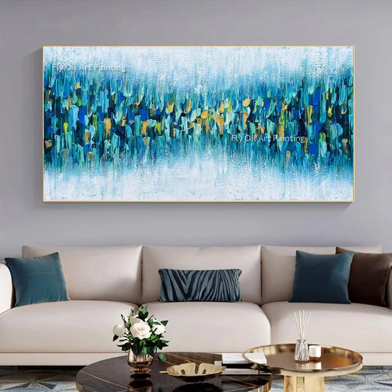 

Large Hand Painted Gold Blue Multicolor Wall Art Acrylic Oil Painting Abstract Texture Palette Knife Canvas Painting For Decor