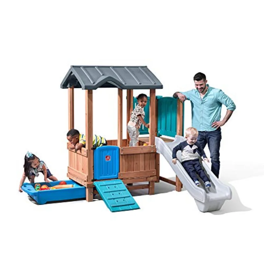 Woodland Adventure Playhouse & Slide, ensemble de jeu extérieur pour enfants, ensemble de terrain de jeu d'arrière-cour, balançoires, tiroir de rangement, en bois et dur