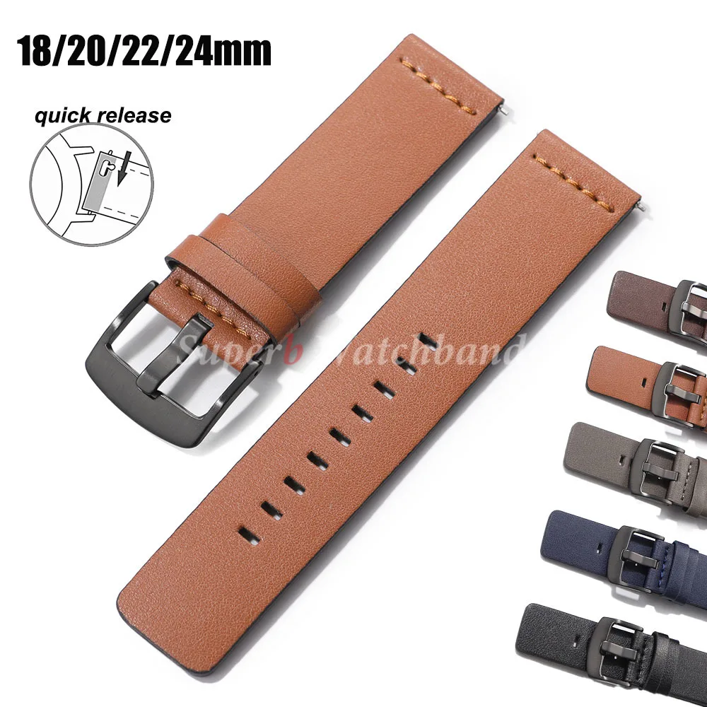 

18mm 20mm 22mm 24mm Watch Band Cowhide Strap Quick Release for Samsung Galaxy Watch 3 Active2 40 44mm Huawei Watch Gt2 WatchBand