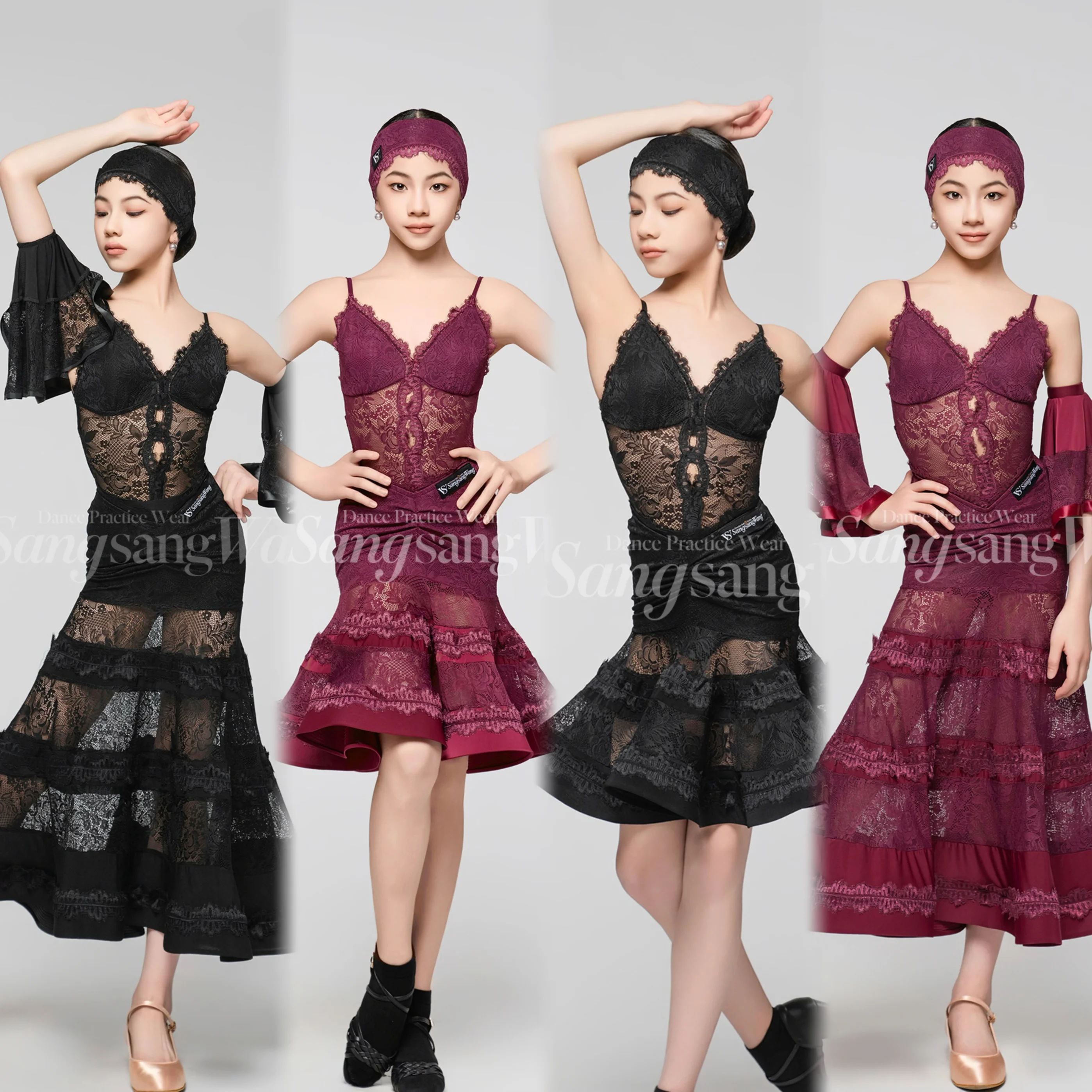 

New Girls Latin Dance Costume Ballroom Dance Competition Dress Kids V Neck Lace Tops Skirt Practice Performance Clothes DNV23807