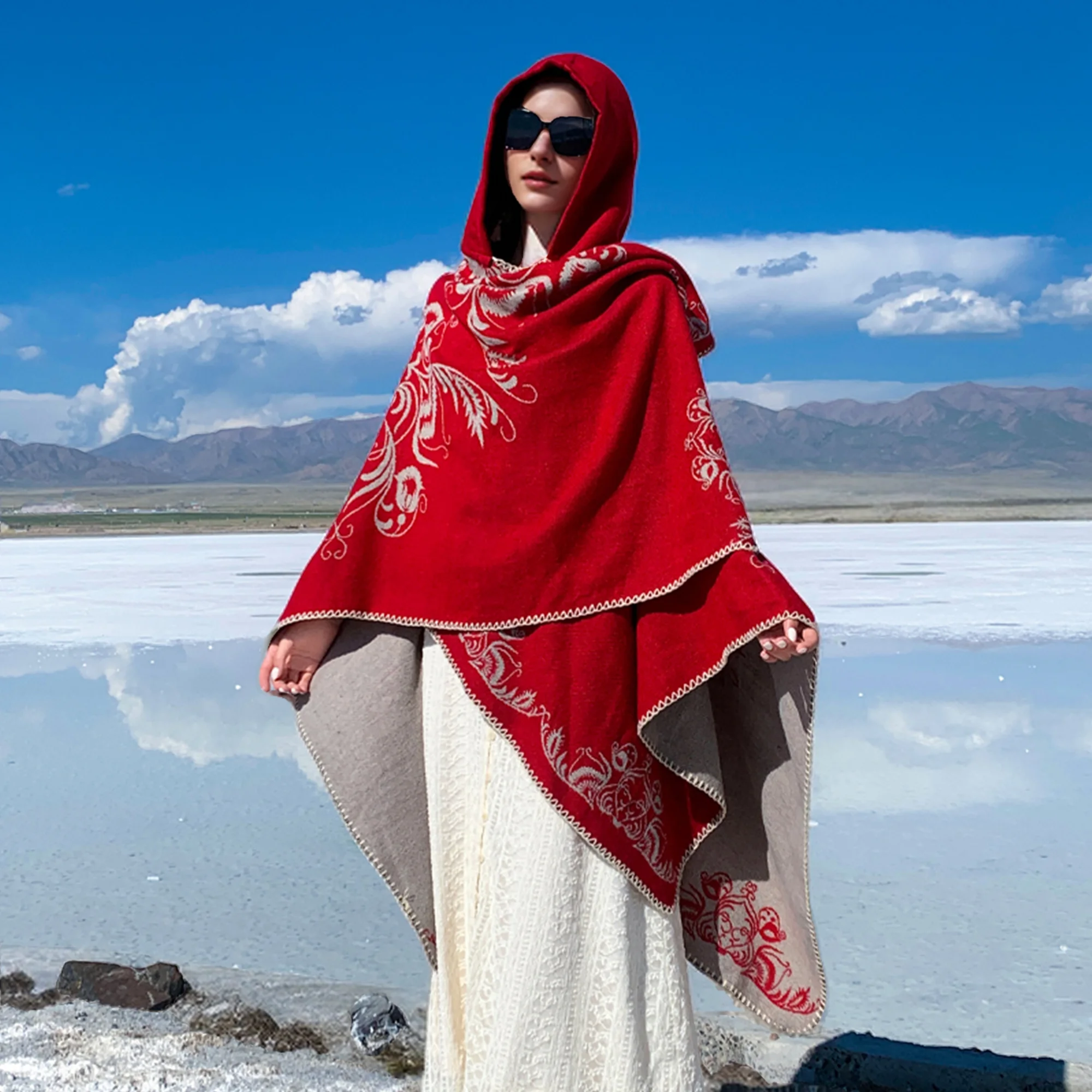 

Новая богемная накидка с капюшоном, шарф с цветочным узором, бордюром, шаль с капюшоном, осень-зима, уличная ​ Путешествие Стильные женщины