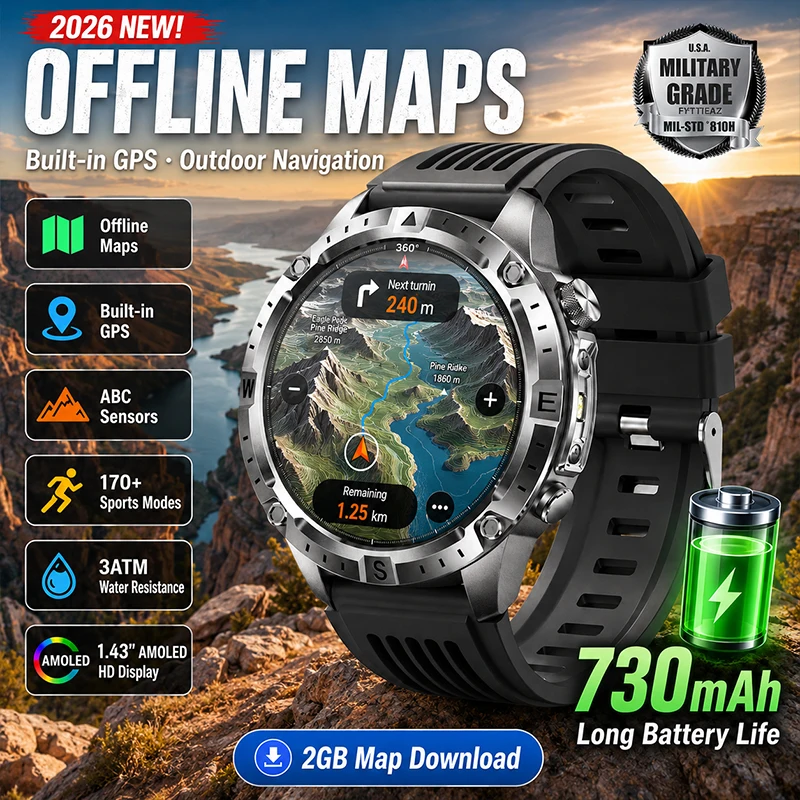 2026 Neue Offline-Karten GPS Smartwatch 2GB Karten-Download 730mAh Lange Akkulaufzeit Outdoor-Navigation 1,43 AMOLED 3ATM Sportuhr für Herren