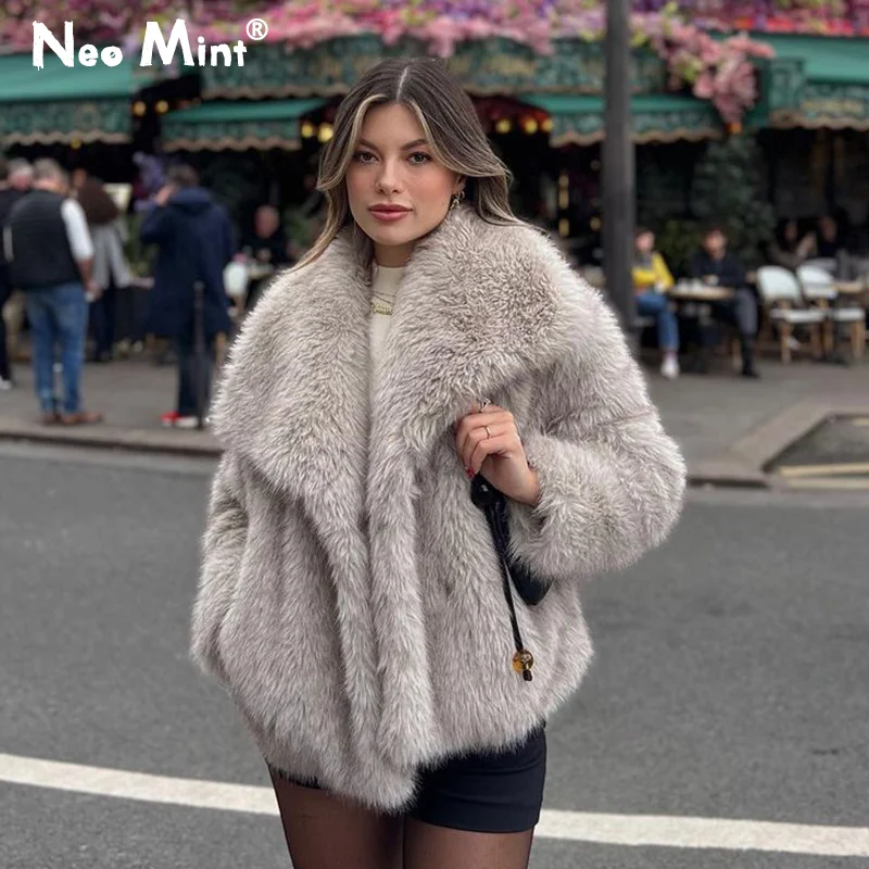 2024ฤดูหนาวใหม่แฟชั่นGradientขนสัตว์ขนสัตว์ผู้หญิงHigh Street Luxury Big Fur Collar Faux Fox Fur Jacketหญิงเสื้อกันหนาว