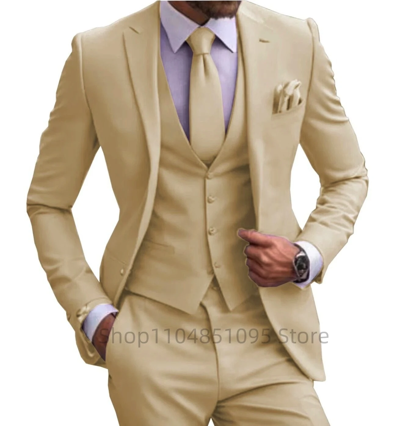 بدلة رسمية للرجال بدلة زفاف سادة بقصة ضيقة للأعمال مكونة من 3 قطع مجموعة كاملة من بدلات العريس والولائم سترة ذات طية صدر السترة وسراويل