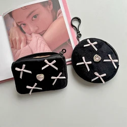 Monedero de diamantes de imitación con forma de corazón y lazo rosa, tarjetero redondo con cremallera portátil, monedero para auriculares, bolsa de almacenamiento para llaves