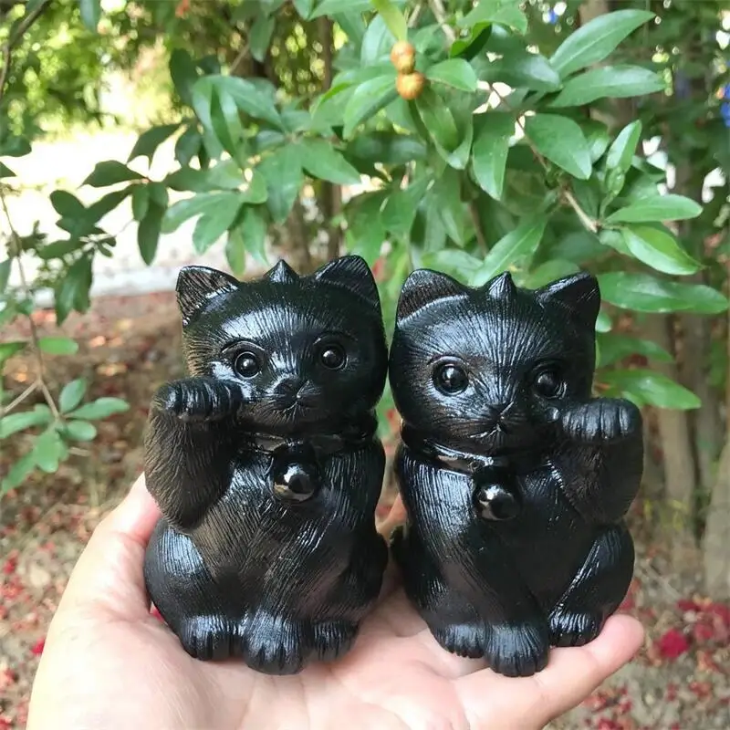 

2PCS Natural Obsidian Fortune Cat Crystal Healing Gemstone Animal Statues Ornament Home Room Decoration