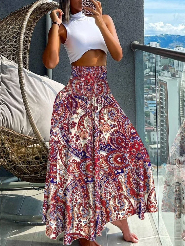 Women\'s Long Skirt Beach Boho Print Skirts for Women 2024 Summer Casual Elastic High Waist Big Swing Maxi Skirts Vacation Robe