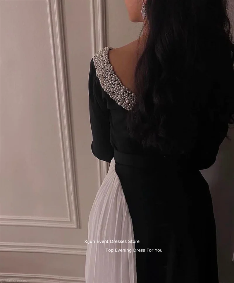 Xijun Black Gogerous Evening Dress Pearls Prom Gowns Dress Long Sleeves Saudi Arabric Side Pleats Prom Dresses Women Party Gowns