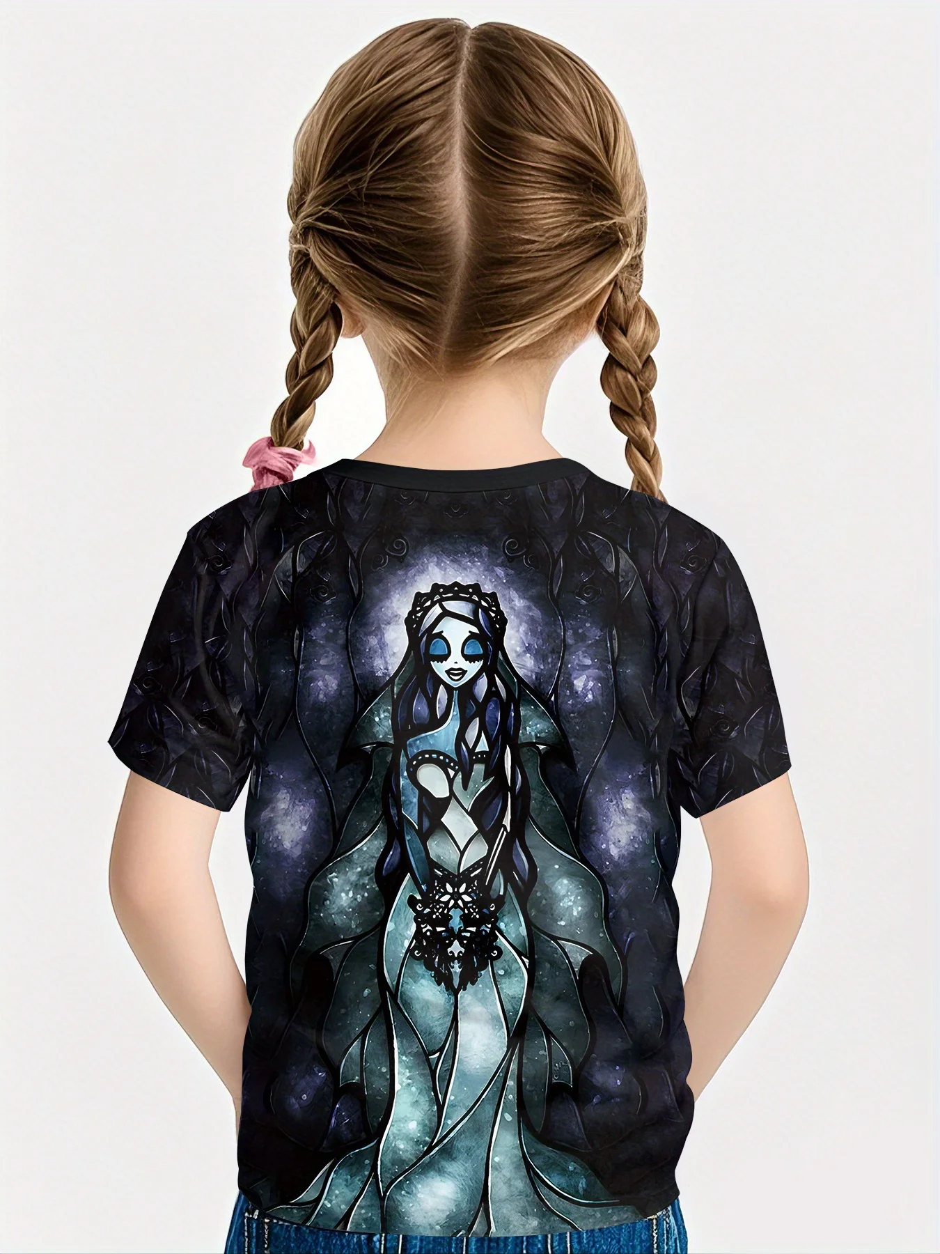 Gothic Corpse Bride Stained Glass Print Girls T-Shirt, Black Crew Neck Short Sleeve Casual Top