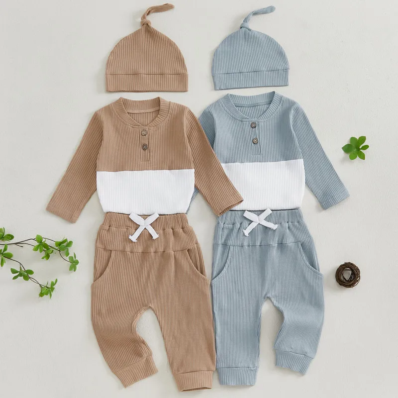 Conjunto de calças para bebê menino de 0 a 18 meses, roupas de primavera e outono, manga comprida, cor contrastante, body + calças + chapéu, conjunto infantil