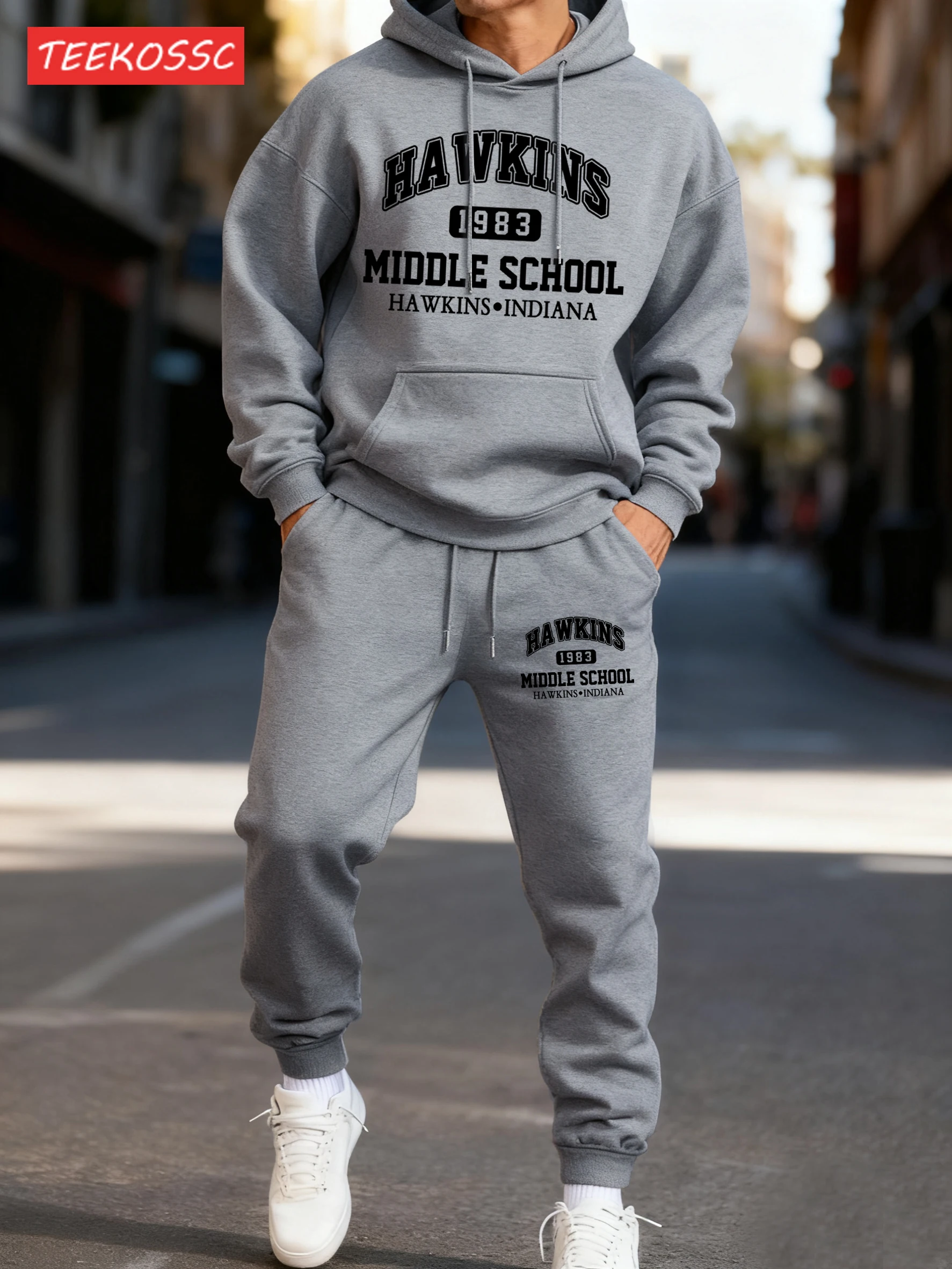 

Костюм из флиса для мужчин Hawkins Middle School: толстовка и брюки, мягкий, повседневный, свободный крой, осенний, уличный стиль, теплый