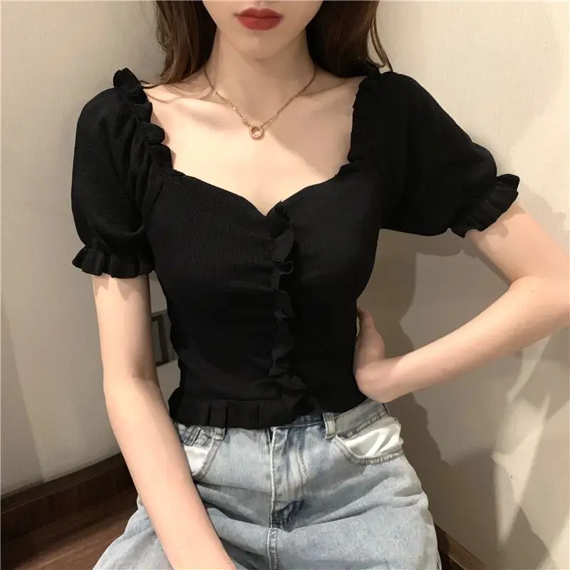 Summer New Short Slim T Shirts Short Sleeve Pleated All-match Solid Color Sexy Tops Tees Sweet Fashion Trend Women Clothing