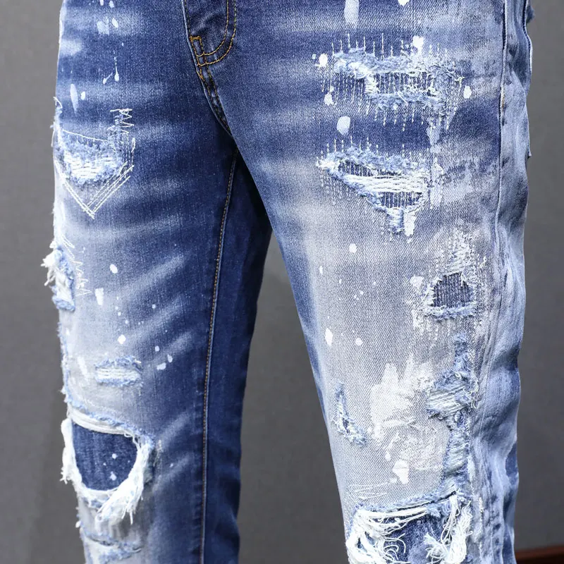 Fashionable Y2K jeans with stretch, slim fit, washed water, nostalgic patch, painted light blue jeans, designer high stree