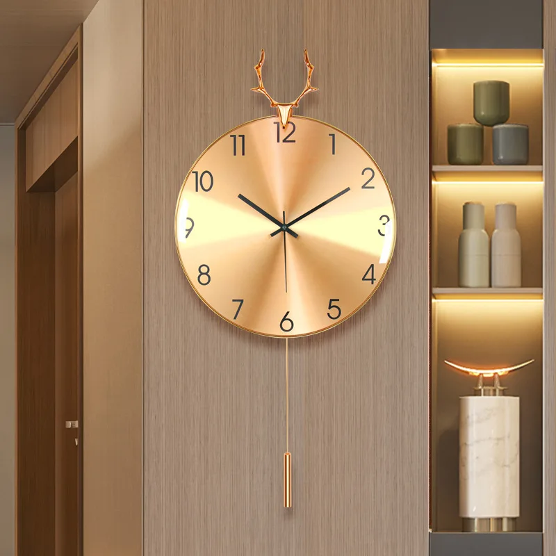 

Nordic Light Luxury Pure Copper Wall Clock Modern Simple Silent Swing Wall Clock Aluminum Silent Deer Head Metal Wall Clocks