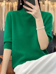 Aliselect Half Sleeve Cashmere Women Knitted Sweaters 100% Pure Merino Wool Spring Fashion Mock-Neck Top Pullover Clthing
