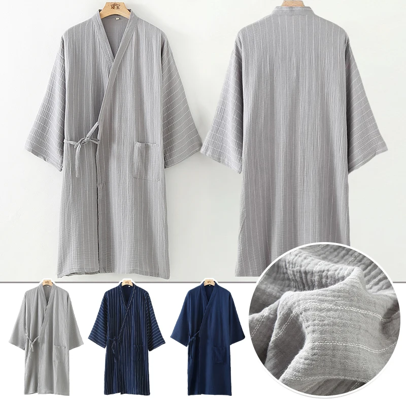 Men's Japanese Style Classic Bathrobe Kimono Traditional Cotton Gauze Nightwear Sleepwear Pajamas Pijama Clothing Robes L