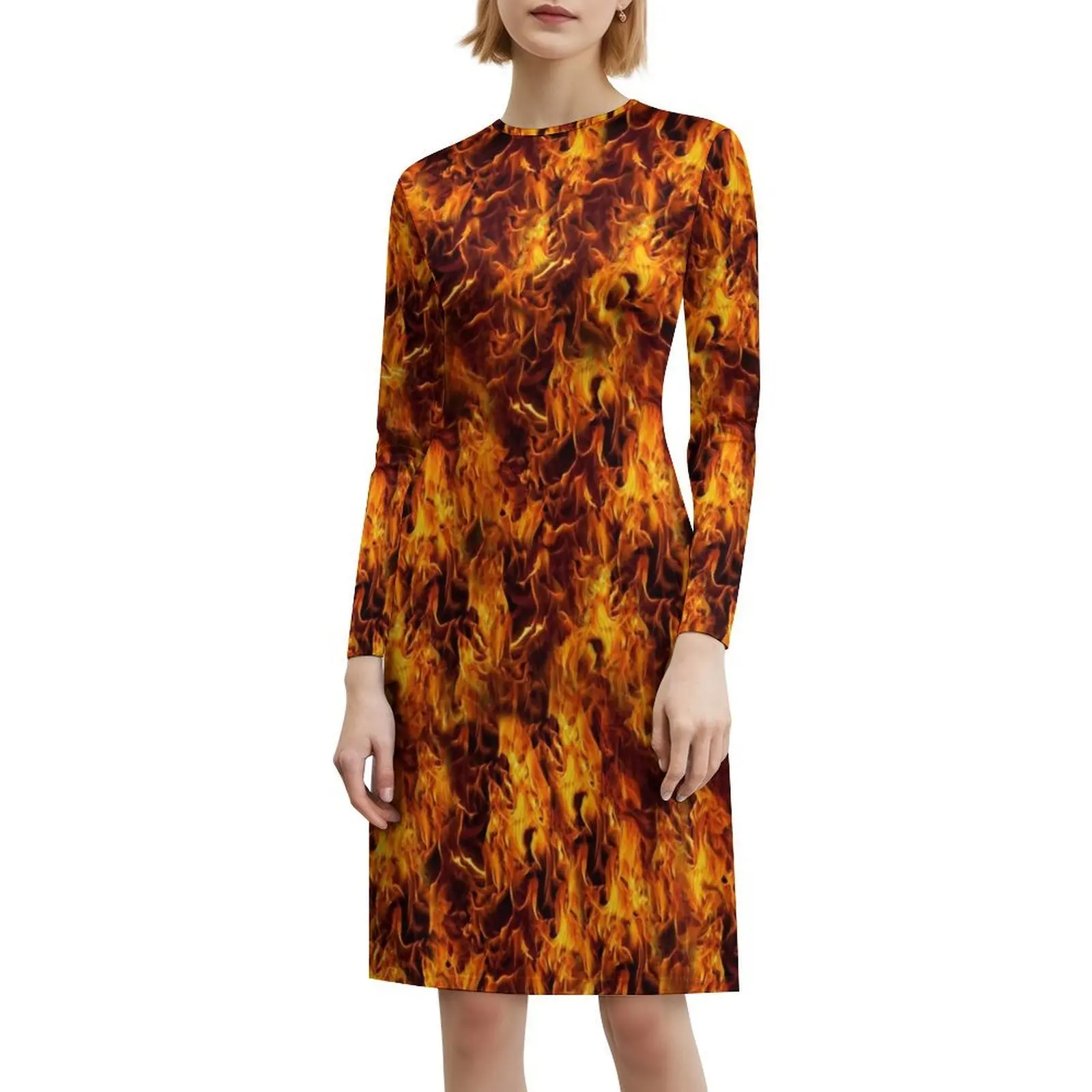 불꽃 패턴 프레피 스타일 미니 드레스 여성용 A라인 루즈핏 캐주얼 데이 드레스 불타는 불꽃