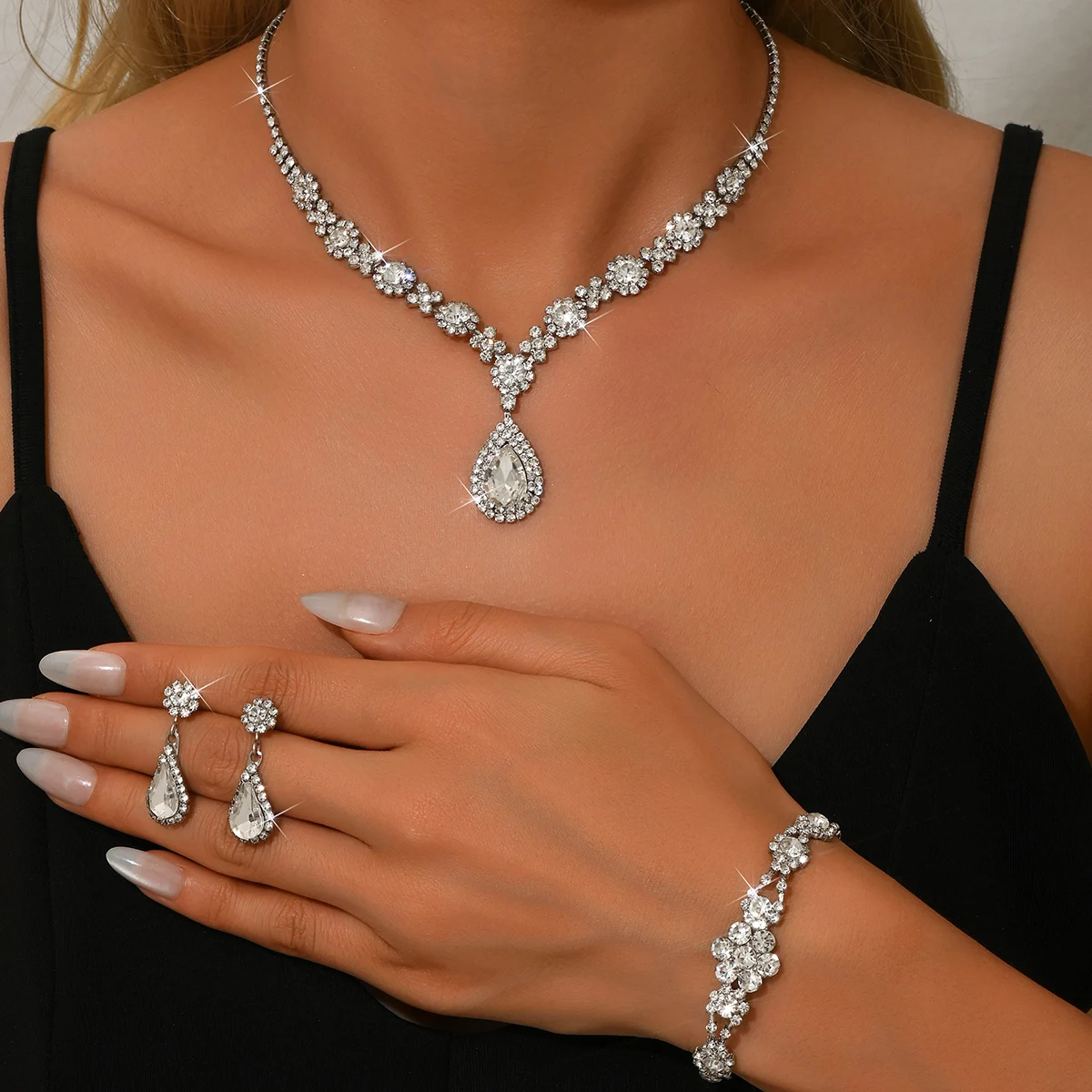 3-Piece Multi-Color Bridal Jewelry Set, Water Droplet Pendant Necklace, Earring Bracelet, Wedding Banquet, Ball Gift