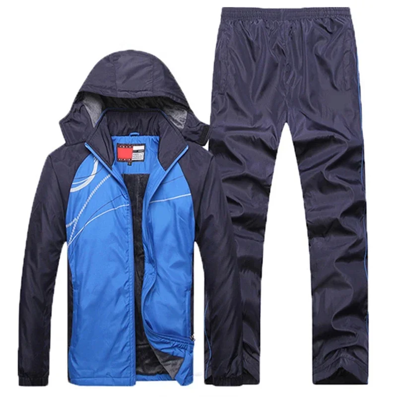 Winter Tracksuit Men thicken fleece Jacket+Pants Two Piece Brand Clothing Set Fur Hooded Sportswear Sweatpants Track Suit Men