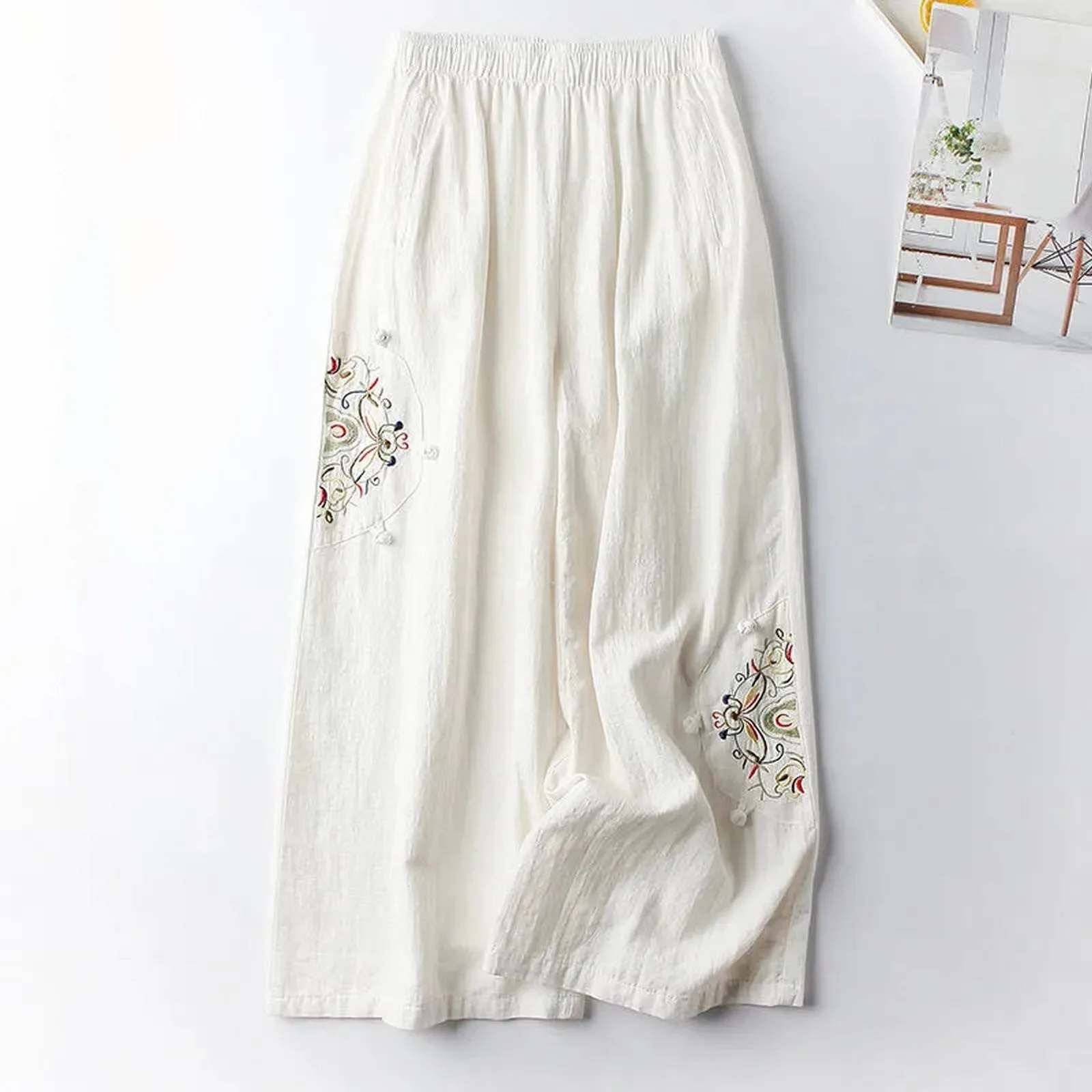 

Loose Casual Women Wide Leg Trousers Summer Flower Embroidery Straight Cotoon Long Pants Chinese Ethnic Style Baggy Pantalones