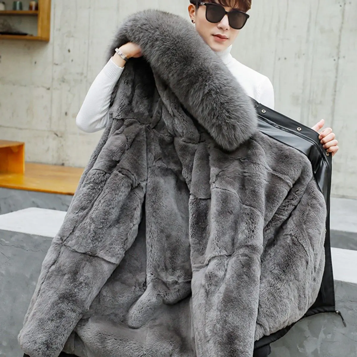 2024 New Men's Lazy Rabbit Fox Fur Long Coat Liner  Detachable  Thickened  Korean Trend Warm Men Winter Style A211