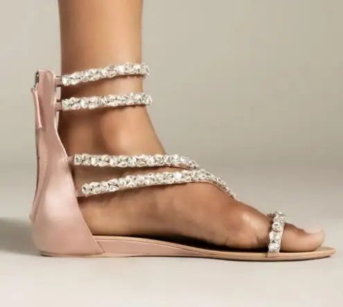 

Apricot Black Bling Crystal Rhinestone Cross Strap Flat Sandals Summer Cover Heel Zipper Back Hollow Leisure Beach Sandals Shoes