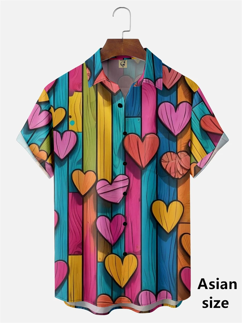 Valentine Day Men Shirts Love Heart 3D Print Patchwork Trendy Shirts New Summer Short Sleeve Blouse Couple Button Up Tees Tops