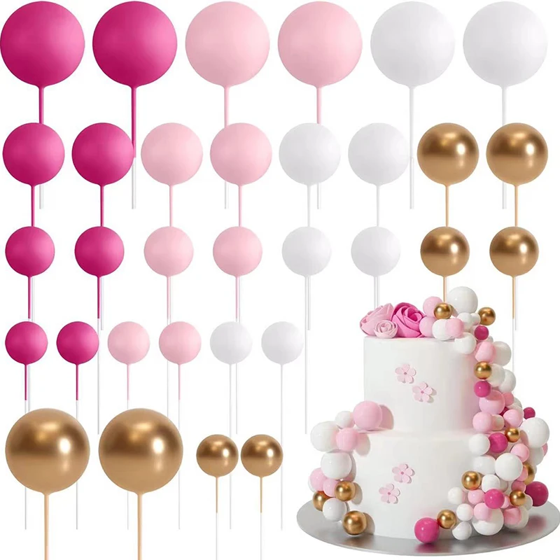 32pc Pink White Gold Ball Cake Topper Ball Happy Birthday Cake Topper DIY Cupcake Flag For Baby Shower Birthday Party Cake Decor