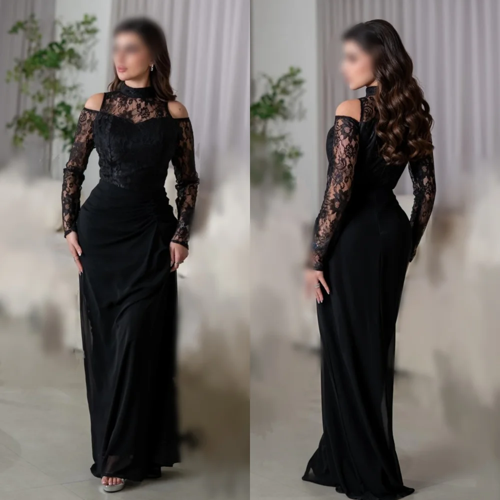 

Customized Pleat High Collar Lace Long Sleeves Trumpet Long Dresses Women's Evening Dress Bespoke Occasion Elegant Party