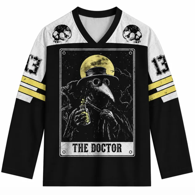 Plague Doctor Hockey Jersey Long Sleeve T Shirt Unisex Gothic The Doctor Tarot Graphic Tee Vintage Streetwear Oversized Tops