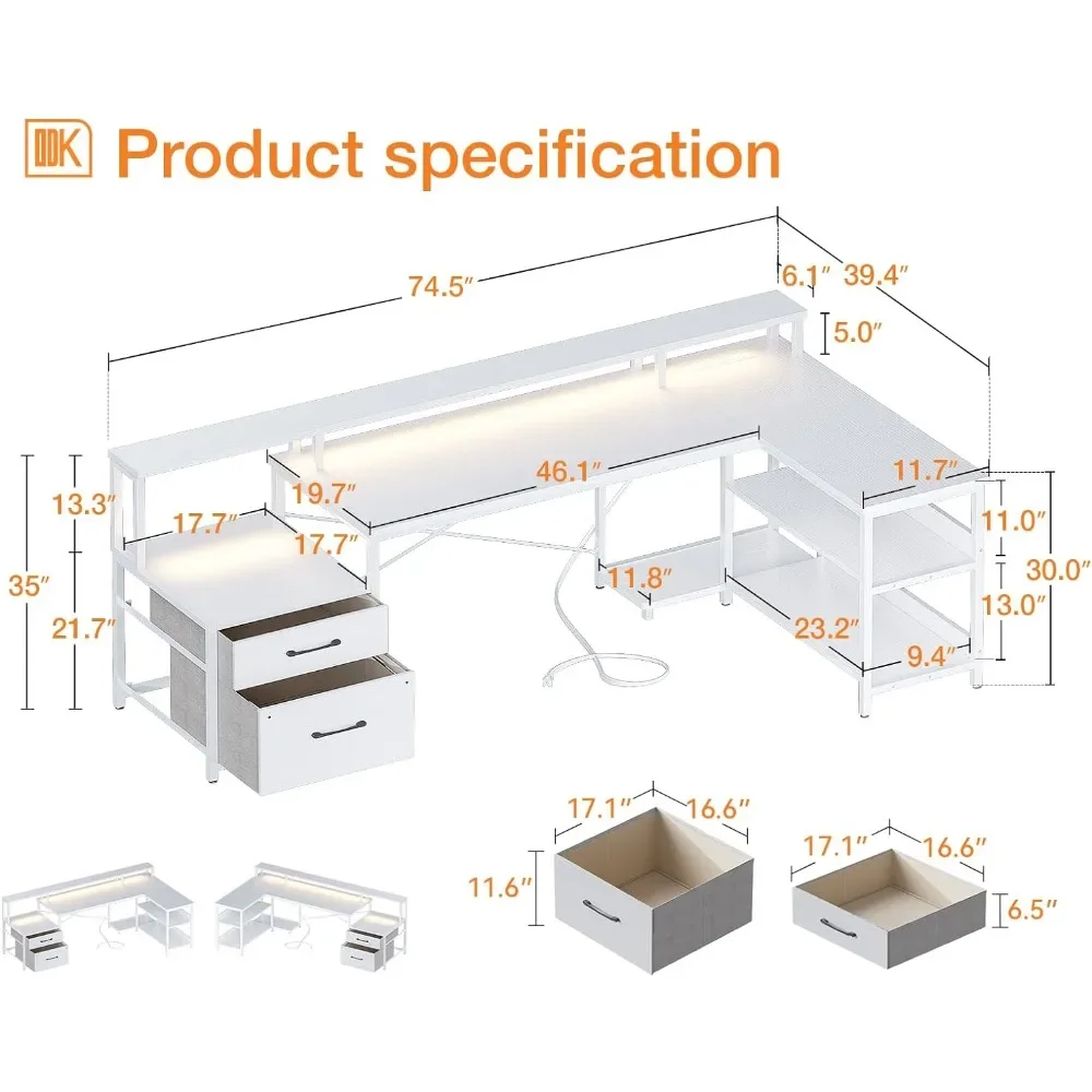 L Shaped Desk with File Drawer, 75" Reversible L Shaped Computer Desk with Power Outlet & LED Strip, Home Office Desk
