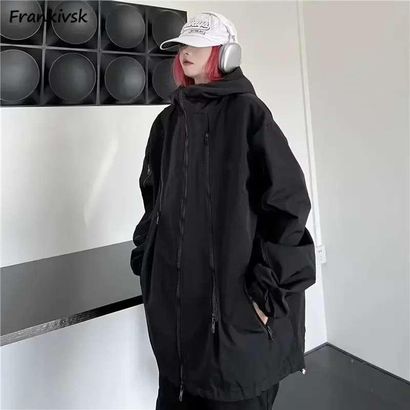 Women Jackets Streetwear Techwear Simple Baggy Windbreakers Retro Track Outwear Zipper Design Hooded American Style Stylish Chic