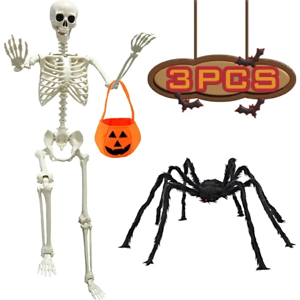 

5.4ft/165cm Halloween Skeleton, Halloween Life Size Skeleton with Spider Pumpkin Bag, Full Body Human Bones with Movable Joints