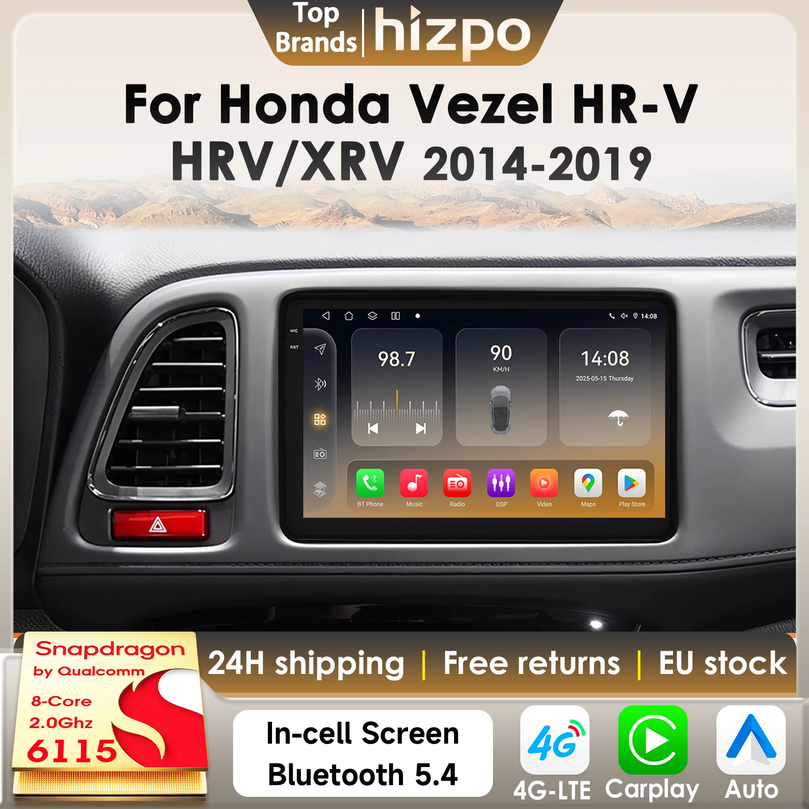 Hizpo 8Core 2Din AI Android 14 Autoradio Per Honda Vezel HR-V HRV XRV 2014-2019 Auto Multimedia GPS 4G Carplay di Snapdragon 6115