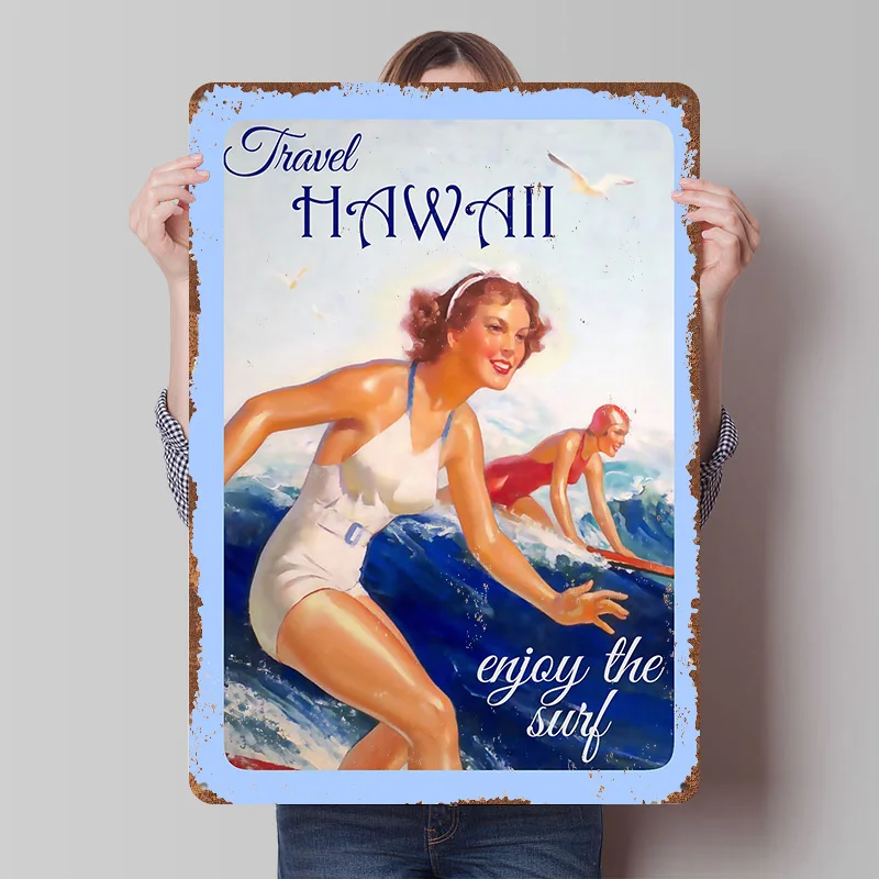 Vintage Hawaii Surf Travel Metal Poster Custom Wall Art Retro Vintage Tinplate Signs for Man Cave Modern Home Decoration Luxury