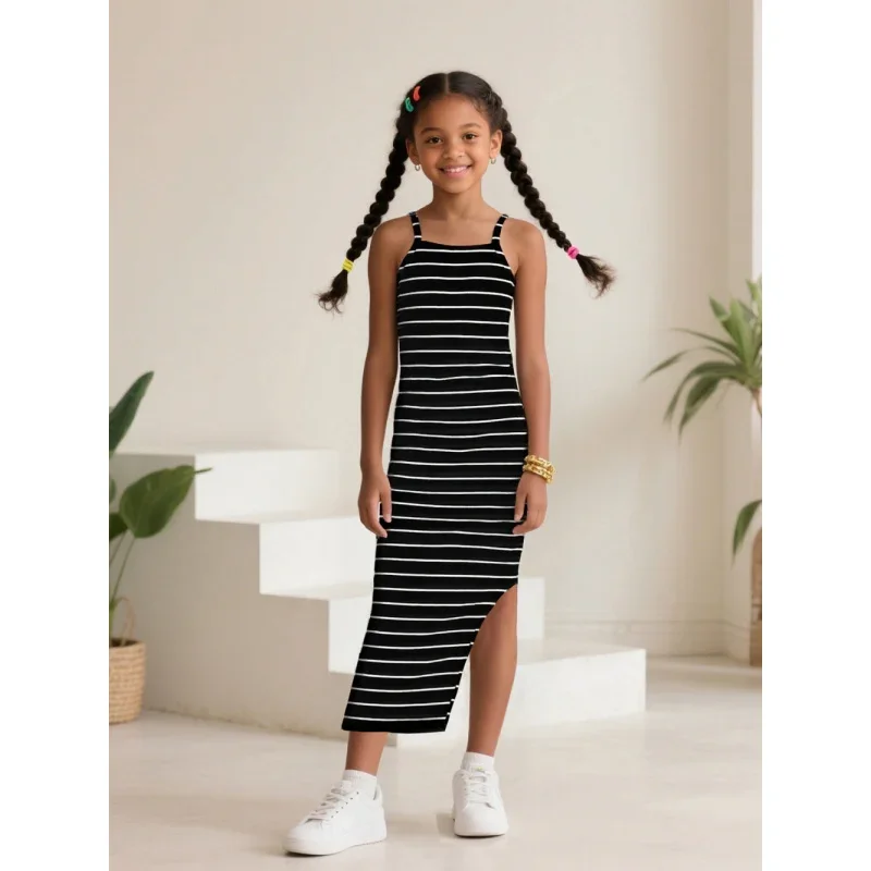 

2025 Cross-border Hot-selling: Girls' Striped Suspender Split-ended Long Dress, Summer Casual Fashion Sleeveless Long Dress
