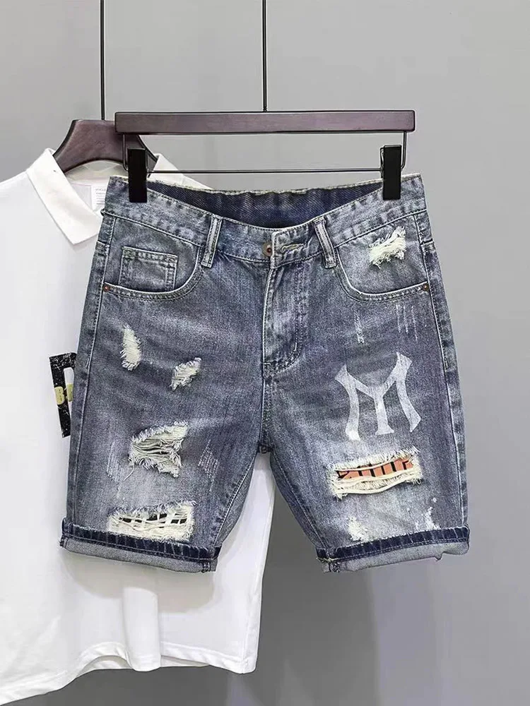 

New Korean Style Clothes Luxury Washed Distressed Boyfriend Men's Casual Summer Denim Jeans Distressed Holes Prints Shorts Male