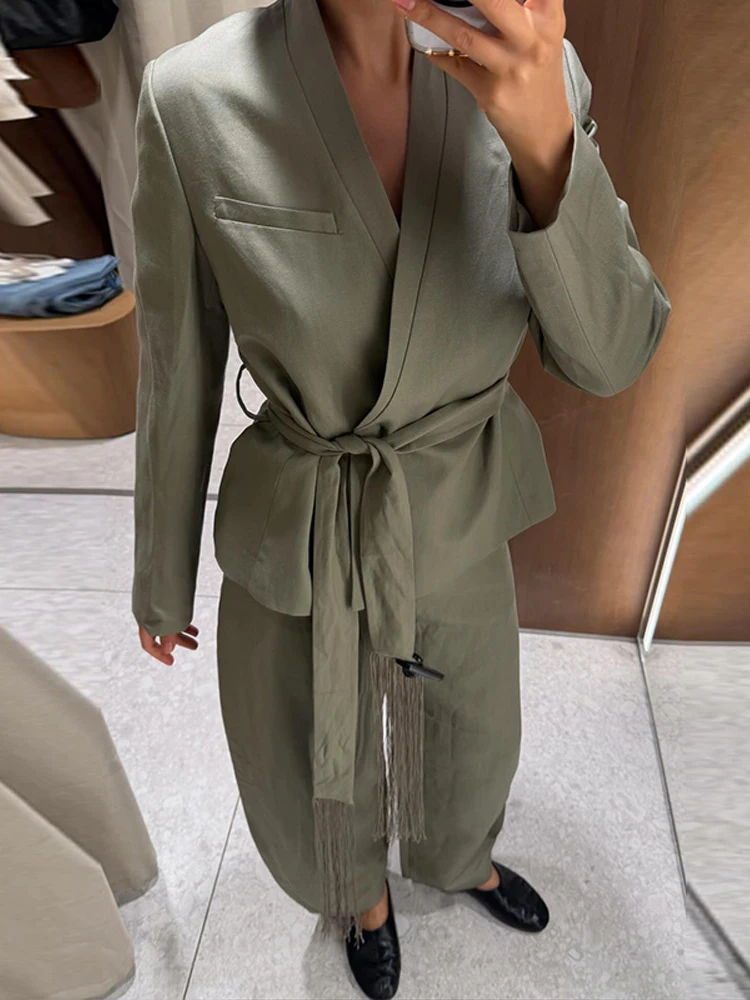 Quastenbesetzte Y-Ausschnitt-Mäntel für Damen, sexy V-Ausschnitt, seitliche Knopfleiste, lange Ärmel, Schnürung, einfarbig, schlanke Jacken, schicke Büro-Outfits, neue Oberbekleidung – Detail 1