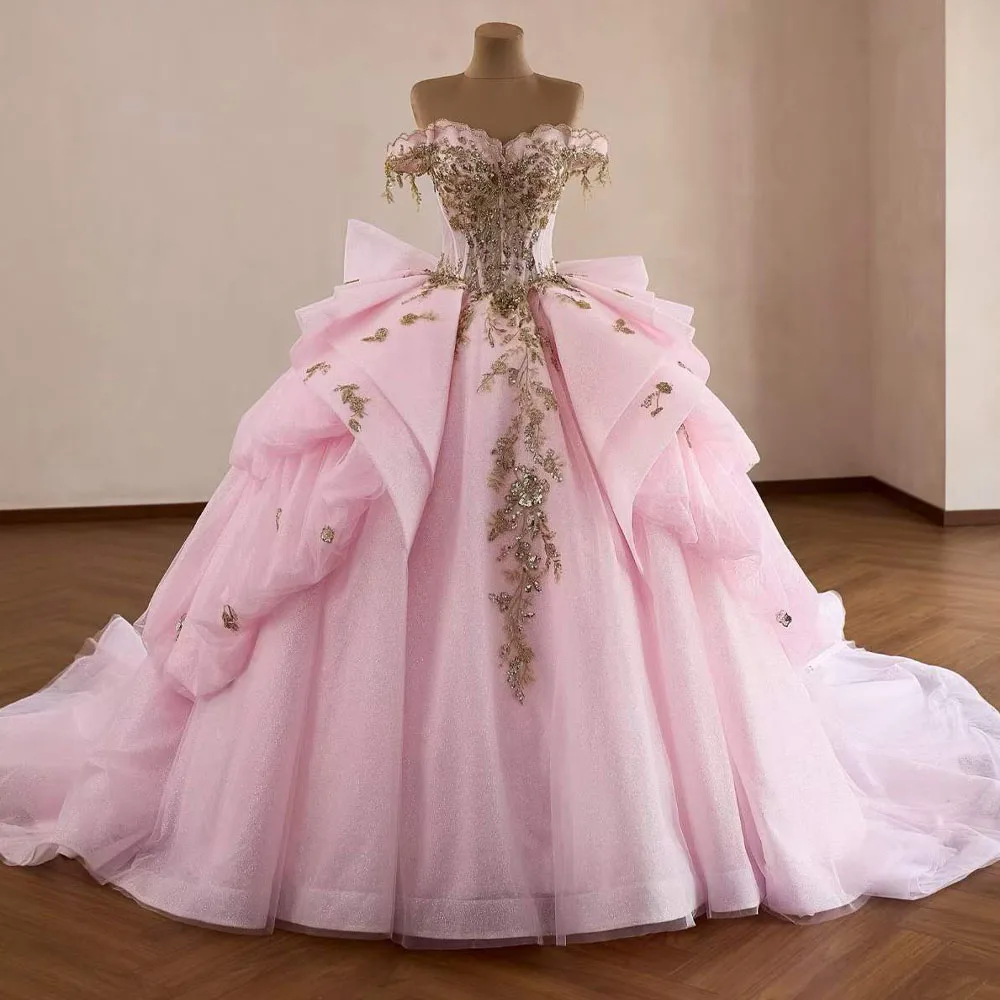 

Gorgeous Pink Quinceanera Dress Sweetheart Off The Shoulder Lace Up Back Sequined Beading Bow Vestido De 15