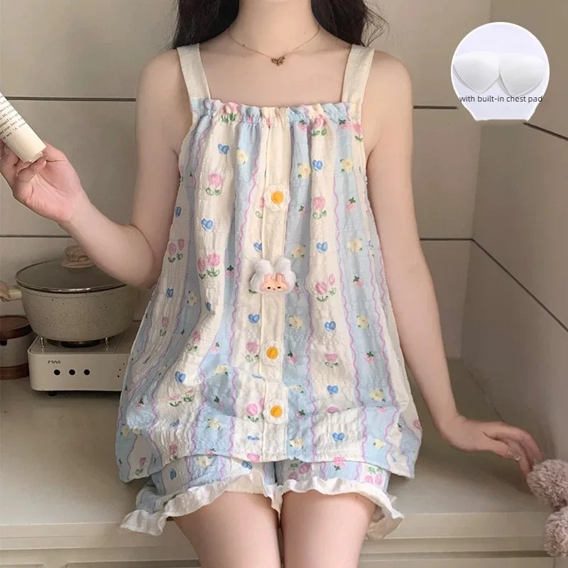 Ensemble de pyjama pour femmes Kawaii, imprimé fleuri et rayé, vêtements de nuit, camisole et short, avec coussinets intégrés pour l'été