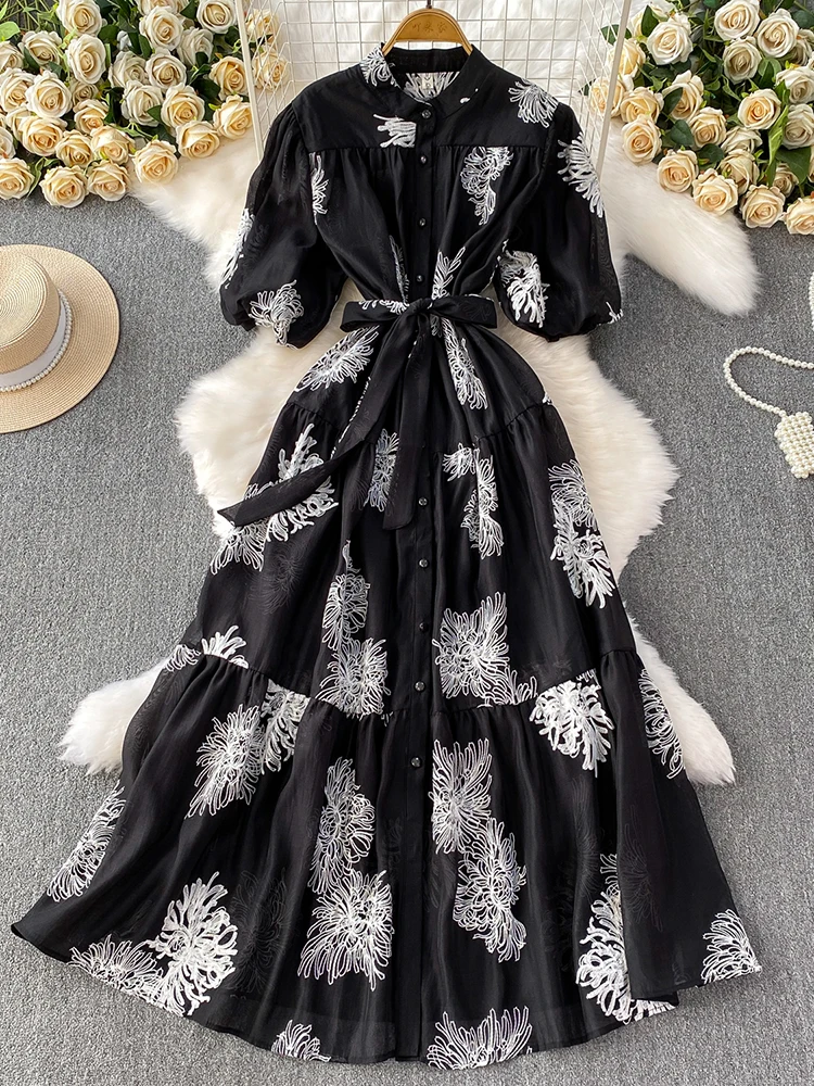 

Summer Women'sembroidered Single Breasted Dress with French Lace Up Waist Cinching Black Elegant Short Sleeved Long Dress S80