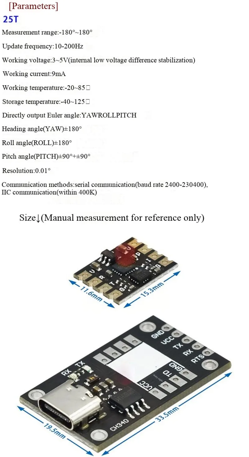 GY-25T 6DOF sechsachsiger serieller I2C-Gyroskop-Beschleunigungs-, Winkel- und Neigungssensor-Modul mit ROS – Detail 3